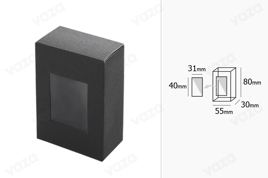 Κουτάκι χάρτινο 55x30x80 mm μαύρο με παράθυρο  - 50 τμχ-εικόνα_διαστάσεις