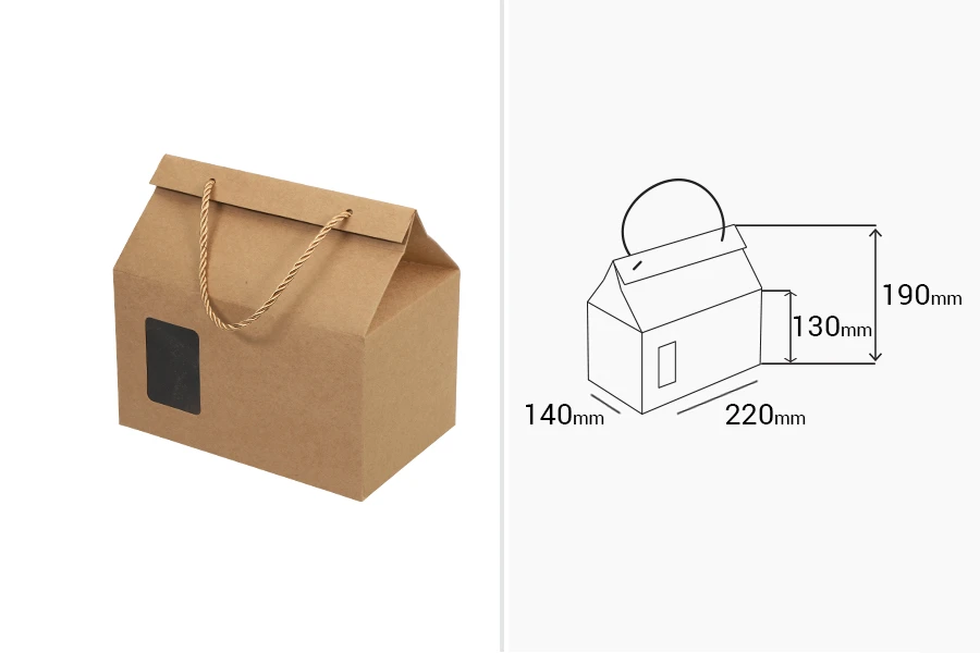 Kraft paper standing-up box-bag with rope handle and window in size 220x140x190 - 20 pcs