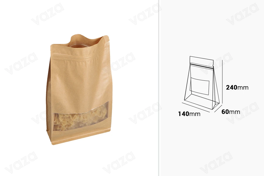 Sacchetti in carta kraft tipo Doy Pack 140x60x240 mm, termosaldabili, con chiusura a zip, finestra, rivestimento interno ed esterno trasparente - 50 pz Sacchetti in carta kraft tipo Doy Pack 140x60x240 mm, termosaldabili, con chiusura a zip, finestra, rivestimento interno ed esterno trasparente - 50 pz-εικόνα_διαστάσεις