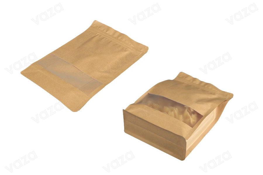 Sacchetti in carta kraft tipo Doy Pack 140x60x240 mm, termosaldabili, con chiusura a zip, finestra, rivestimento interno ed esterno trasparente - 50 pz Sacchetti in carta kraft tipo Doy Pack 140x60x240 mm, termosaldabili, con chiusura a zip, finestra, rivestimento interno ed esterno trasparente - 50 pz-εικόνα_σύνθεση