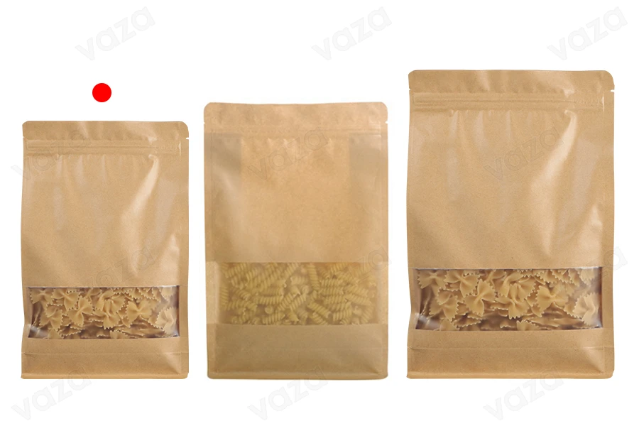 Sacchetti in carta kraft tipo Doy Pack 140x60x240 mm, termosaldabili, con chiusura a zip, finestra, rivestimento interno ed esterno trasparente - 50 pz Sacchetti in carta kraft tipo Doy Pack 140x60x240 mm, termosaldabili, con chiusura a zip, finestra, rivestimento interno ed esterno trasparente - 50 pz-