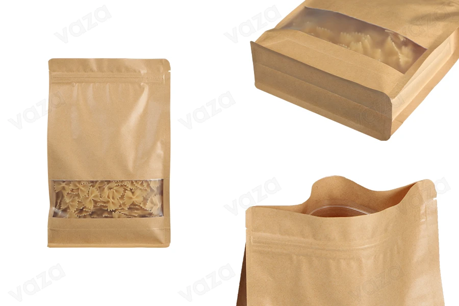 Sacchetti in carta kraft tipo Doy Pack 140x60x240 mm, termosaldabili, con chiusura a zip, finestra, rivestimento interno ed esterno trasparente - 50 pz Sacchetti in carta kraft tipo Doy Pack 140x60x240 mm, termosaldabili, con chiusura a zip, finestra, rivestimento interno ed esterno trasparente - 50 pz-εικόνα_προϊοντική