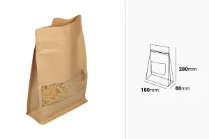 Kraftbeutel vom Typ Doy Pack mit Reißverschluss, Fenster, transparenter Innen- und Außenverkleidung und Möglichkeit der Versiegelung mit Heißsiegelung 180x80x280mm - 50 Stk-2