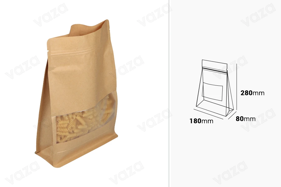 Doypack stand-up pouch kraft 180x80x280 mm with zipper and window, transparent inside and outside layer, heat sealable - 50 pcs Doypack stand-up pouch kraft 180x80x280 mm with zipper and window, transparent inside and outside layer, heat sealable - 50 pcs-image_dimensions
