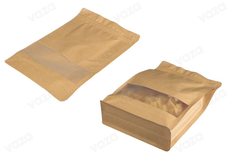 Σακουλάκια κραφτ τύπου Doy Pack  200x80x300 mm , με κλείσιμο "zip", παράθυρο, εσωτερική και εξωτερική διάφανη επένδυση και δυνατότητα σφράγισης με θερμοκόλληση- 50 τμχ-εικόνα_σύνθεση