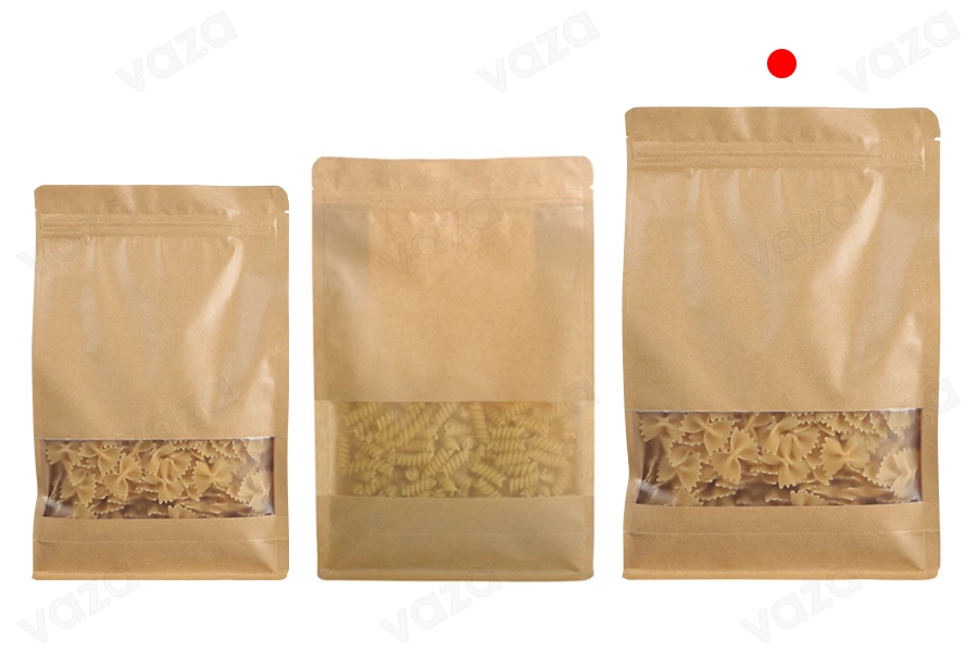 Σακουλάκια κραφτ τύπου Doy Pack  200x80x300 mm , με κλείσιμο "zip", παράθυρο, εσωτερική και εξωτερική διάφανη επένδυση και δυνατότητα σφράγισης με θερμοκόλληση- 50 τμχ-