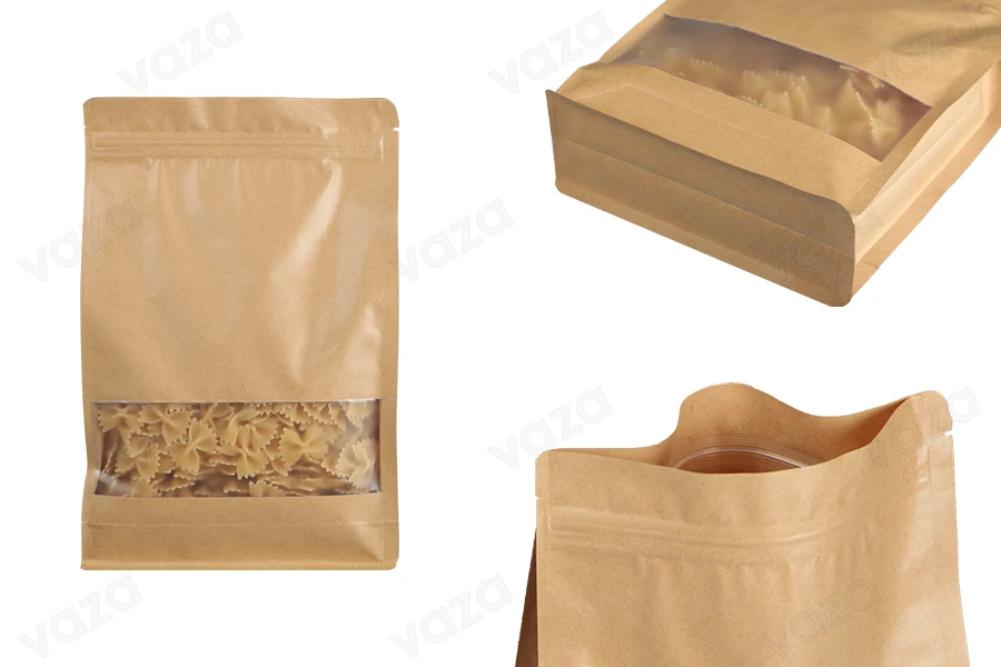 Σακουλάκια κραφτ τύπου Doy Pack  200x80x300 mm , με κλείσιμο "zip", παράθυρο, εσωτερική και εξωτερική διάφανη επένδυση και δυνατότητα σφράγισης με θερμοκόλληση- 50 τμχ-εικόνα_προϊοντική
