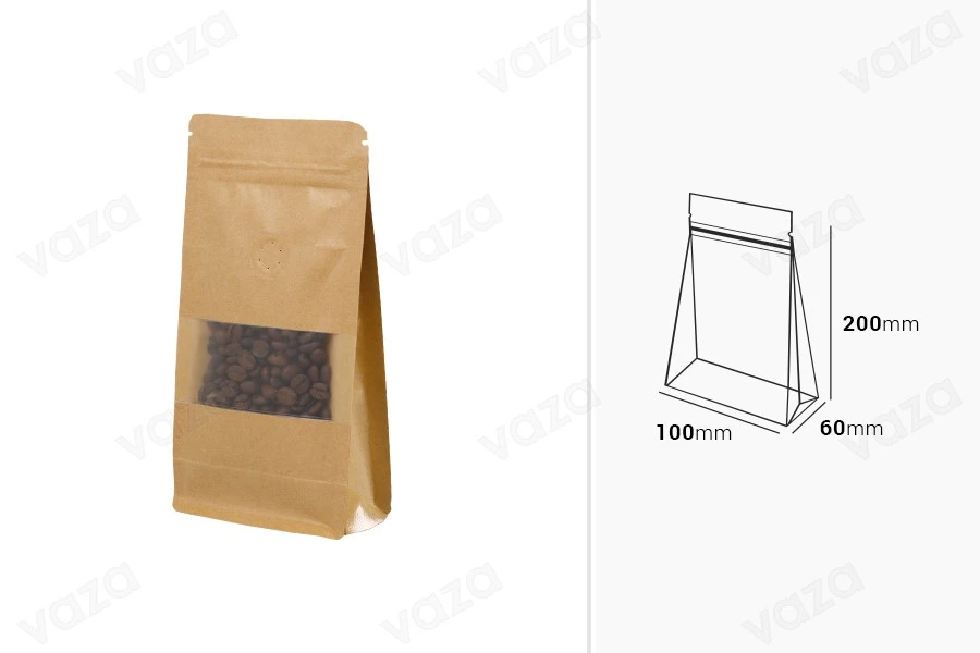 Σακουλάκια κραφτ τύπου Doy Pack 100x60x200 mm, με κλείσιμο "zip", βαλβίδα, παράθυρο, εσωτερική και εξωτερική διάφανη επένδυση και δυνατότητα σφράγισης με θερμοκόλληση - 25 τμχ Σακουλάκια κραφτ τύπου Doy Pack 100x60x200 mm, με κλείσιμο "zip", βαλβίδα, παράθυρο, εσωτερική και εξωτερική διάφανη επένδυση και δυνατότητα σφράγισης με θερμοκόλληση - 25 τμχ-εικόνα_διαστάσεις
