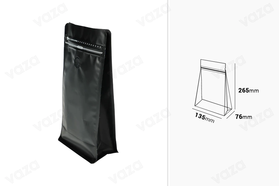 Aluminiumbeutel vom Typ Doy Pack 135x76x265mm  mit Ventil, Verschluss mit Heißsiegelung, Öffnung mit Sicherheitsband und Verwendung von Reißverschluss - 25 Stk-bildabmessungen