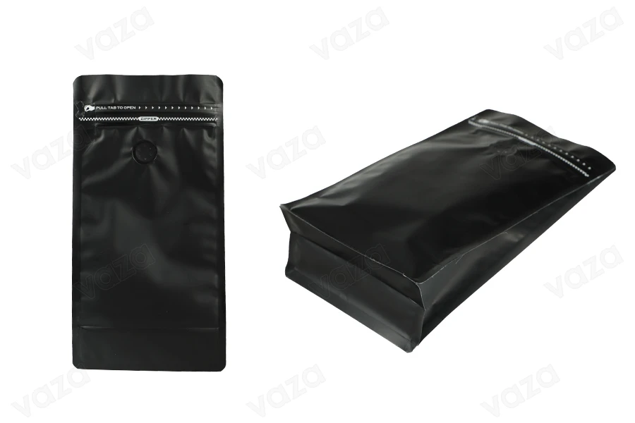 Aluminiumbeutel vom Typ Doy Pack 135x76x265mm  mit Ventil, Verschluss mit Heißsiegelung, Öffnung mit Sicherheitsband und Verwendung von Reißverschluss - 25 Stk-bildgruppe