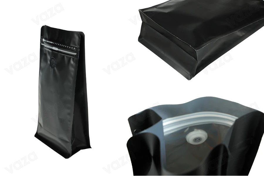 Aluminiumbeutel vom Typ Doy Pack 135x76x265mm  mit Ventil, Verschluss mit Heißsiegelung, Öffnung mit Sicherheitsband und Verwendung von Reißverschluss - 25 Stk-produktbild