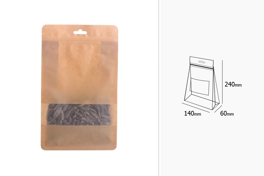 Standbodenbeutel aus Kraftpapier, mit Druckverschluss, Sichtfenster und Eurohole Loch - verschließbar (durch Schweißgerät) 140x60x240 - 50 Stücke Standbodenbeutel aus Kraftpapier, mit Druckverschluss, Sichtfenster und Eurohole Loch - verschließbar (durch Schweißgerät) 140x60x240 - 50 Stücke
