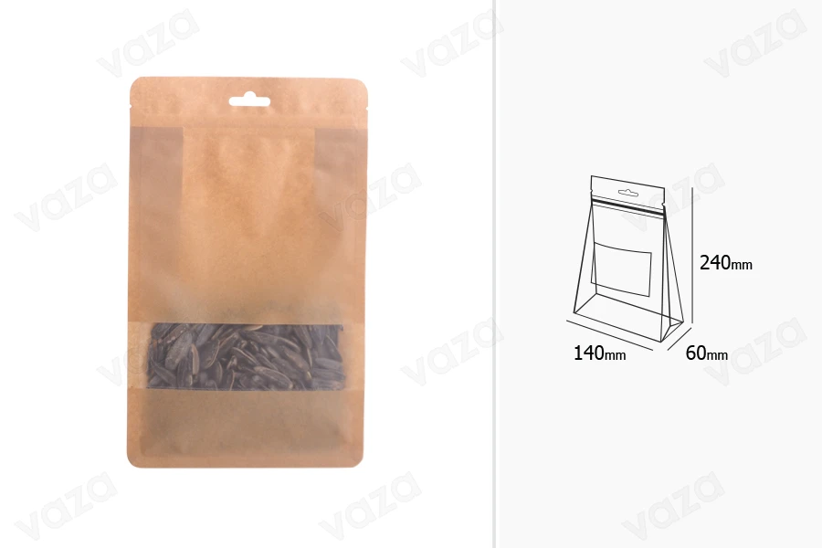Qese kraft tip “Doy Pack”, me mbyllje “zip”, dritare dhe vrimë Eurohole, veshje të brendshme dhe të jashtme transparente dhe mundësi për vulosje me nxehtësi, 140x60x240 mm – 50 copë. Qese kraft tip “Doy Pack”, me mbyllje “zip”, dritare dhe vrimë Eurohole, veshje të brendshme dhe të jashtme transparente dhe mundësi për vulosje me nxehtësi, 140x60x240 mm – 50 copë.-imazh_dimensione