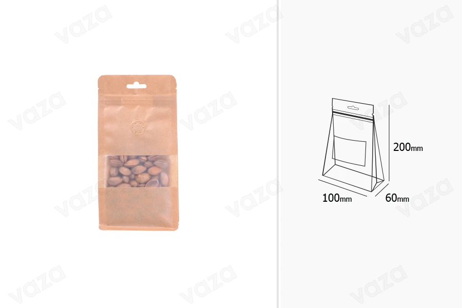 Sachets en papier kraft de type Doypack, avec zip, fenêtre et trou Eurohole, revêtement transparent interne et externe, possibilité de scellage par thermoscellage 100 x 60 x 200 mm – 25 pcs Sachets en papier kraft de type Doypack, avec zip, fenêtre et trou Eurohole, revêtement transparent interne et externe, possibilité de scellage par thermoscellage 100 x 60 x 200 mm – 25 pcs-