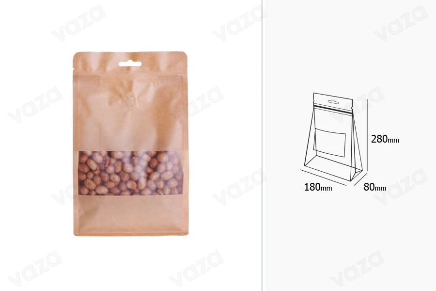 Σακουλάκια κραφτ τύπου Doy Pack, με κλείσιμο "zip", βαλβίδα, παράθυρο και τρύπα Eurohole, εσωτερική και εξωτερική διάφανη επένδυση και δυνατότητα σφράγισης με θερμοκόλληση 180x80x280 mm - 25 τμχ Σακουλάκια κραφτ τύπου Doy Pack, με κλείσιμο "zip", βαλβίδα, παράθυρο και τρύπα Eurohole, εσωτερική και εξωτερική διάφανη επένδυση και δυνατότητα σφράγισης με θερμοκόλληση 180x80x280 mm - 25 τμχ-
