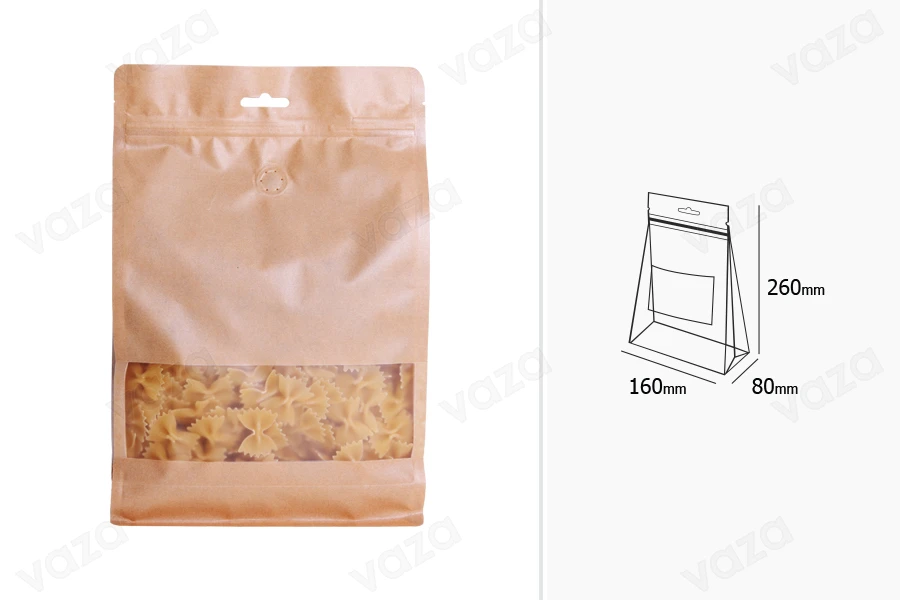 Doypack stand-up pouches kraft with a zipper, valve, window and Eurohole, with a transparent inside and outside layer, also heat sealable, 160x80x260 mm - 25 pcs Doypack stand-up pouches kraft with a zipper, valve, window and Eurohole, with a transparent inside and outside layer, also heat sealable, 160x80x260 mm - 25 pcs-