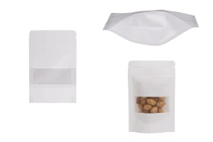 Kraftbeutel vom Typ Doy Pack in weißer Farbe, mit Reißverschluss, Fenster und Versiegelung mit Heißsiegelung 900x30x140mm - 100 Stück