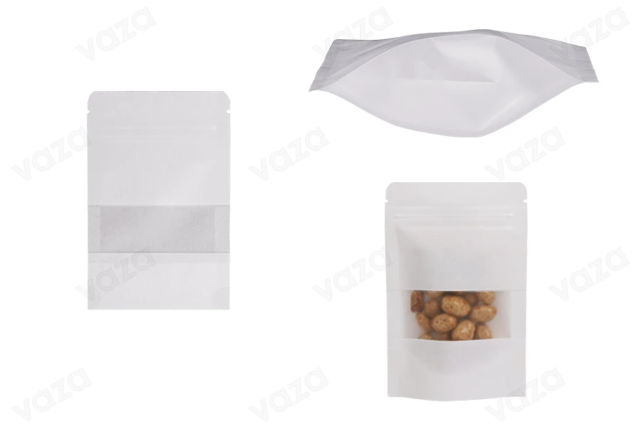 Σακουλάκια κραφτ τύπου Doy Pack 90x30x140 mm σε λευκό χρώμα, με κλείσιμο zip, παράθυρο και δυνατότητα σφράγισης με θερμοκόλληση - 100 τμχ Σακουλάκια κραφτ τύπου Doy Pack 90x30x140 mm σε λευκό χρώμα, με κλείσιμο zip, παράθυρο και δυνατότητα σφράγισης με θερμοκόλληση - 100 τμχ-εικόνα_προϊοντική