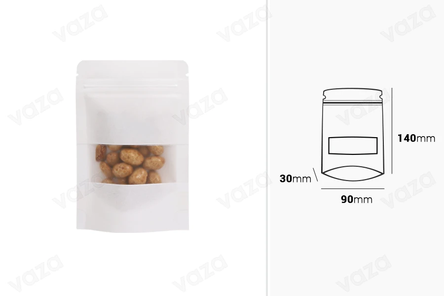 Σακουλάκια κραφτ τύπου Doy Pack 90x30x140 mm σε λευκό χρώμα, με κλείσιμο zip, παράθυρο και δυνατότητα σφράγισης με θερμοκόλληση - 100 τμχ Σακουλάκια κραφτ τύπου Doy Pack 90x30x140 mm σε λευκό χρώμα, με κλείσιμο zip, παράθυρο και δυνατότητα σφράγισης με θερμοκόλληση - 100 τμχ-εικόνα_διαστάσεις