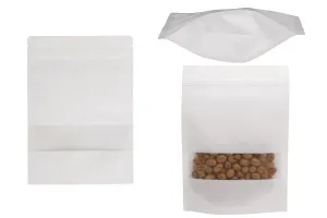 Kraftbeutel vom Typ Doy Pack in weißer Farbe, mit Reißverschluss, Fenster und Möglichkeit zum Versiegeln mit Heißsiegeln 170x40x240mm - 50 Stück