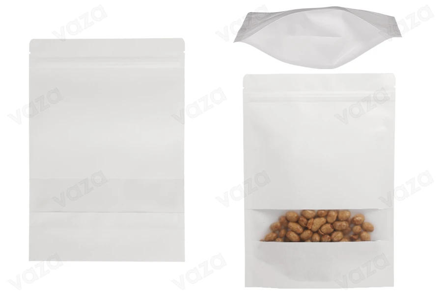 Sacs en papier kraft de type Doypack  180 x 40 x 260 mm de couleur blanche, avec fermeture zip, fenêtre et possibilité de sceller avec thermoscellage - 100 pcs-photo_produit