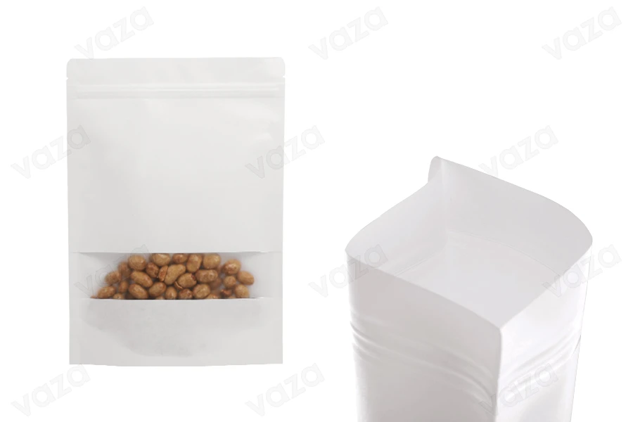 Sacs en papier kraft de type Doypack  180 x 40 x 260 mm de couleur blanche, avec fermeture zip, fenêtre et possibilité de sceller avec thermoscellage - 100 pcs-photo_groupe