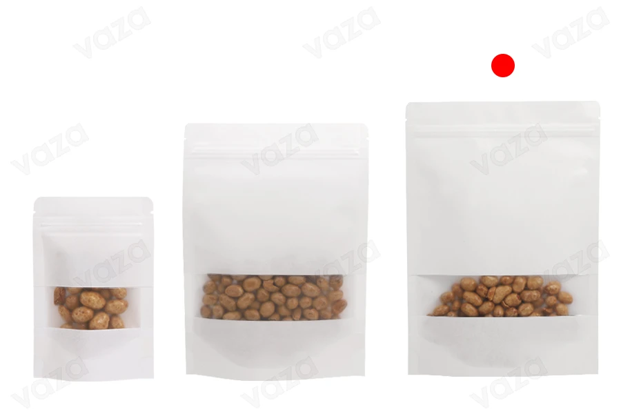 Sacs en papier kraft de type Doypack  180 x 40 x 260 mm de couleur blanche, avec fermeture zip, fenêtre et possibilité de sceller avec thermoscellage - 100 pcs-photo_groupe