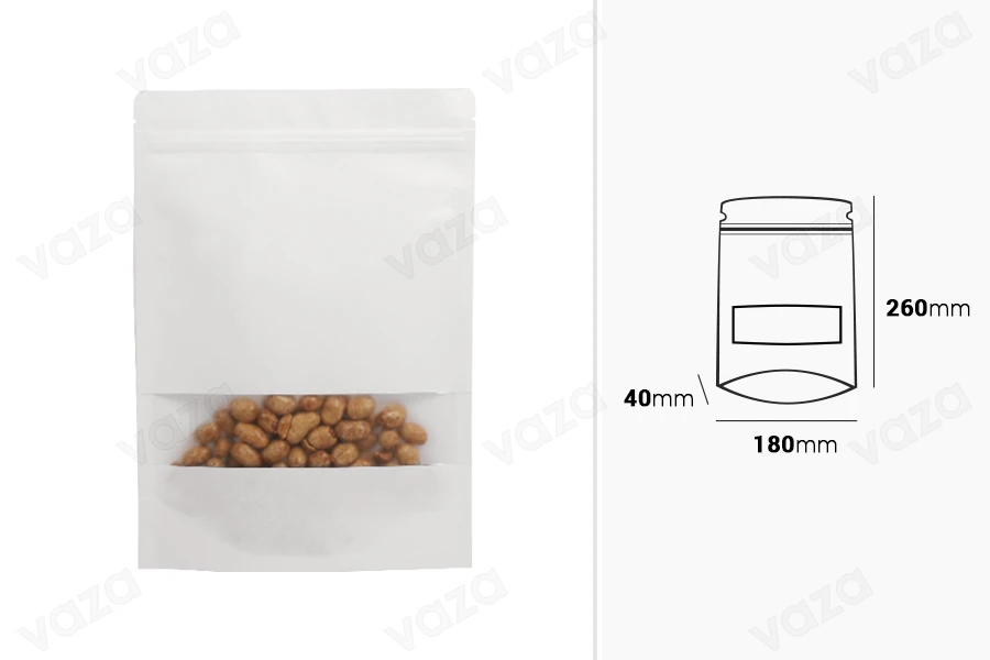 Sacs en papier kraft de type Doypack  180 x 40 x 260 mm de couleur blanche, avec fermeture zip, fenêtre et possibilité de sceller avec thermoscellage - 100 pcs-photo_dimensions