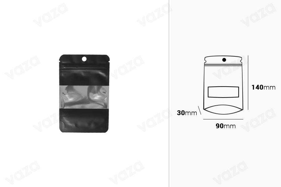 Σακουλάκια αλουμινίου τύπου Doy Pack  90x30x140 mm , με κλείσιμο "zip", παράθυρο και δυνατότητα σφράγισης με θερμοκόλληση- 100 τμχ-εικόνα_διαστάσεις