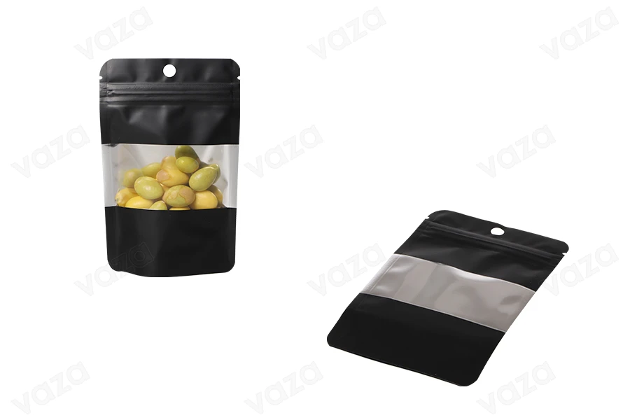 Σακουλάκια αλουμινίου τύπου Doy Pack  90x30x140 mm , με κλείσιμο "zip", παράθυρο και δυνατότητα σφράγισης με θερμοκόλληση- 100 τμχ-εικόνα_σύνθεση