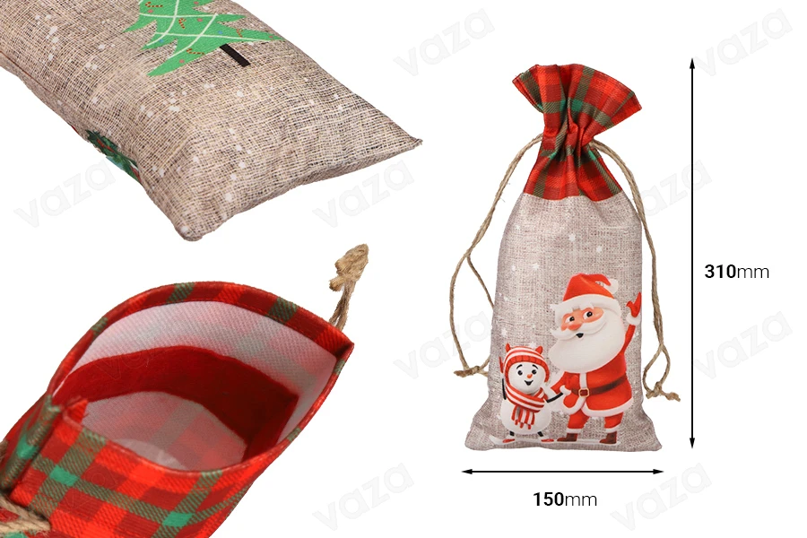 Πουγκί 150x310 mm μπεζ με χριστουγεννιάτικες φιγούρες διπλής όψεως και κορδόνι από λινάτσα - 12 τμχ-εικόνα_διαστάσεις