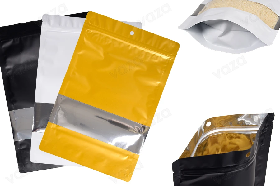 Σακουλάκια αλουμινίου τύπου Doy Pack 200x50x300 mm με κλείσιμο "zip", παράθυρο και δυνατότητα σφράγισης με θερμοκόλληση - 100 τμχ-εικόνα_προϊοντική