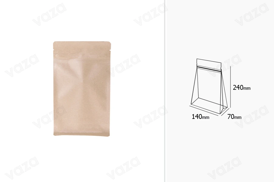 Σακουλάκια κραφτ τύπου Doy Pack  140x70x240 mm, χωρίς τρύπα, με κλείσιμο zip, εσωτερική επένδυση αλουμινίου και δυνατότητα σφράγισης με θερμοκόλληση - 50 τμχ-εικόνα_διαστάσεις