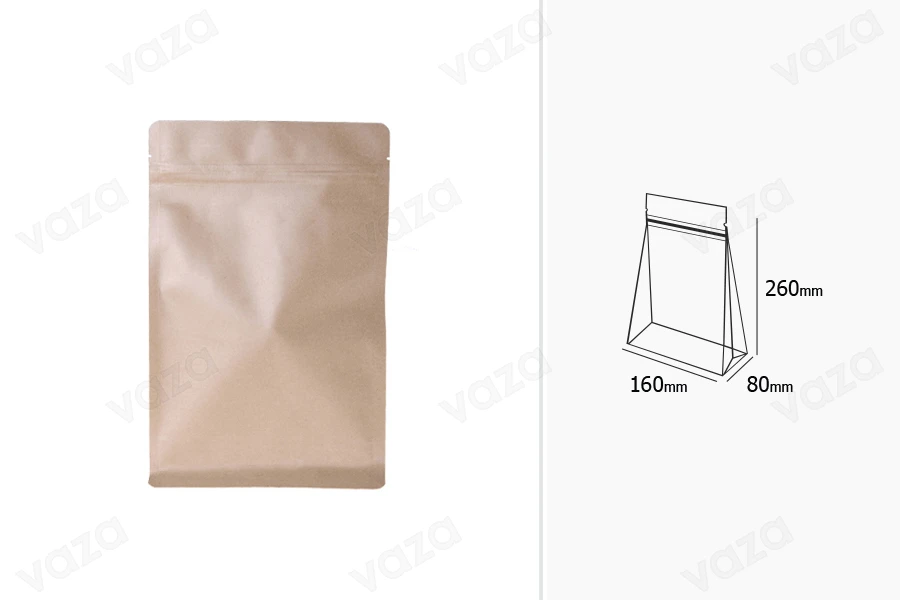 Sachets en papier kraft de type Doypack  160 x 80 x 260 mm, sans trou, avec fermeture zip, revêtement intérieur en aluminium et capacité de thermosoudage - 50 pcs-photo_dimensions