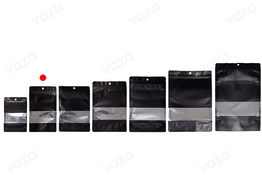 Qese alumini tip Doy Pack 120x40x200 mm, me mbyllje “zip”, dritare dhe mundësi mbylljeje me ngjitje termike – 100 copë.-εικόνα_σύνθεση
