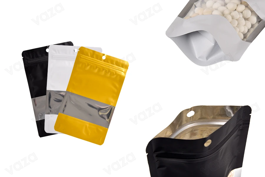 Qese alumini tip Doy Pack 120x40x200 mm, me mbyllje “zip”, dritare dhe mundësi mbylljeje me ngjitje termike – 100 copë.-εικόνα_προϊοντική