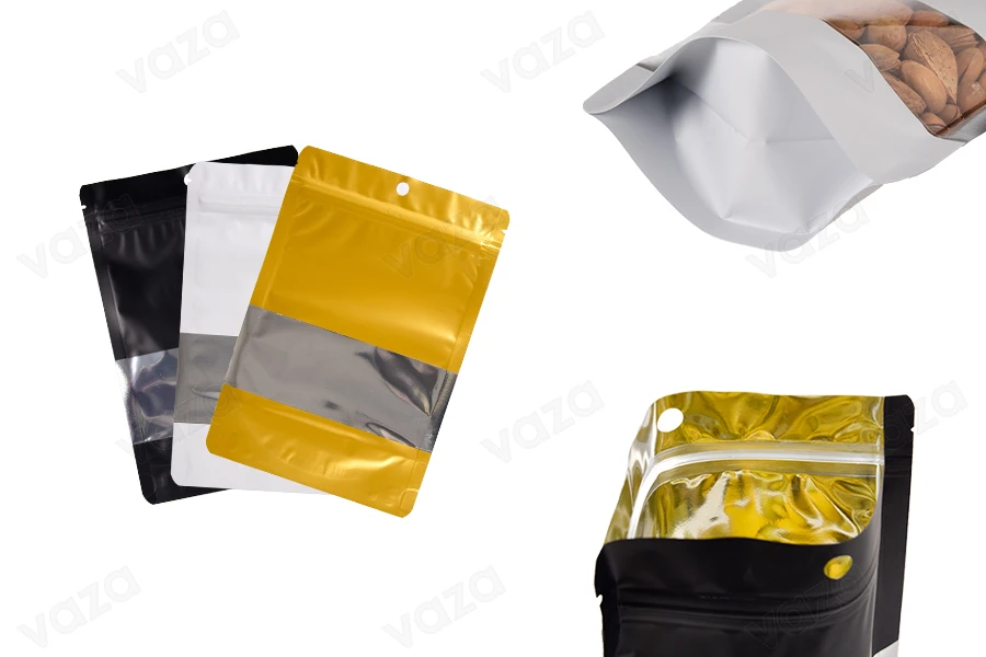 Doy Pack Aluminiumbeutel 140x40x200 mm mit Reißverschluss, Fenster und Möglichkeit zum Heißsiegeln - 100 Stück Doy Pack Aluminiumbeutel 140x40x200 mm mit Reißverschluss, Fenster und Möglichkeit zum Heißsiegeln - 100 Stück-produktbild