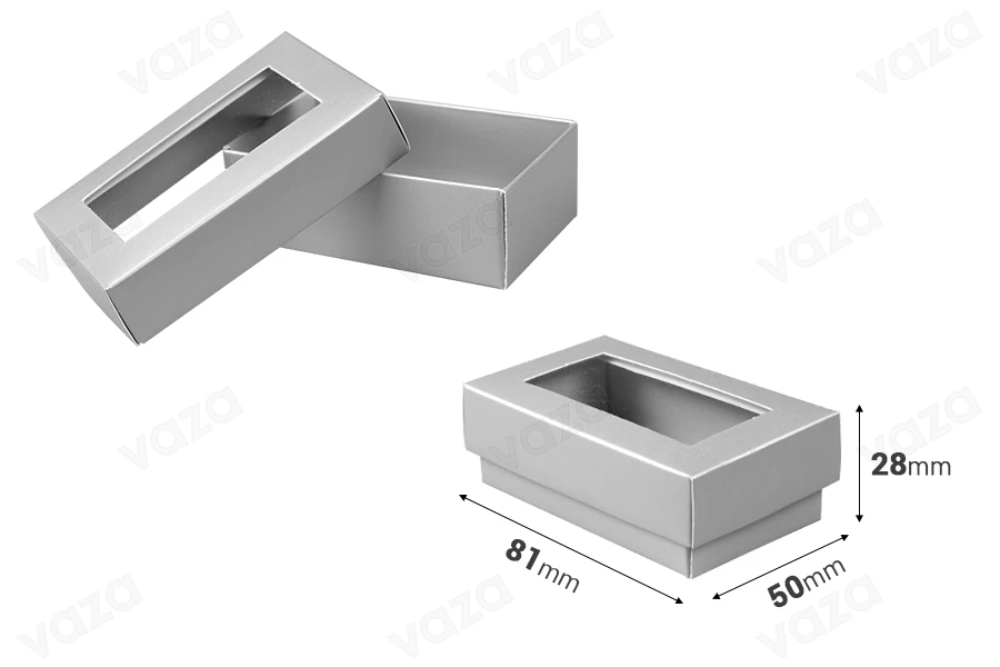 Paper gift box 81x50x28 mm in silver color with window - 50 pcs-image_dimensions
