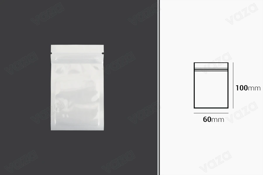 Sachets en plastique 60 x 100 mm avec fermeture éclair, dos blanc et face transparente - 100 pcs-photo_dimensions