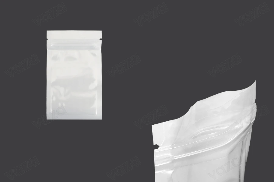Sachets en plastique 60 x 100 mm avec fermeture éclair, dos blanc et face transparente - 100 pcs-