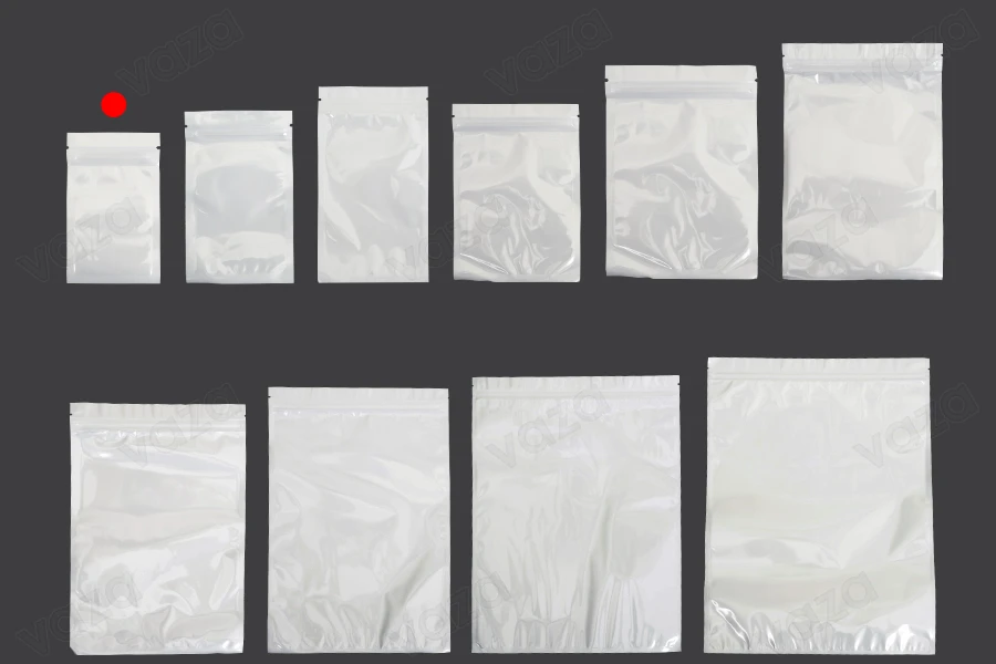 Sachets en plastique 60 x 100 mm avec fermeture éclair, dos blanc et face transparente - 100 pcs-photo_groupe
