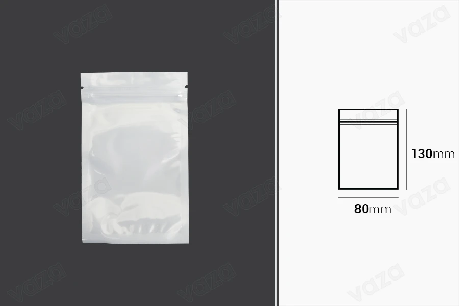 Sachets en plastique 80 x 130 mm avec fermeture éclair, dos blanc et face transparente - 100 pcs-εικόνα_διαστάσεις