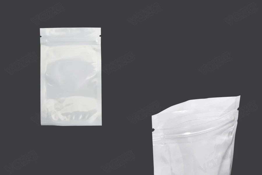 Sachets en plastique 80 x 130 mm avec fermeture éclair, dos blanc et face transparente - 100 pcs-