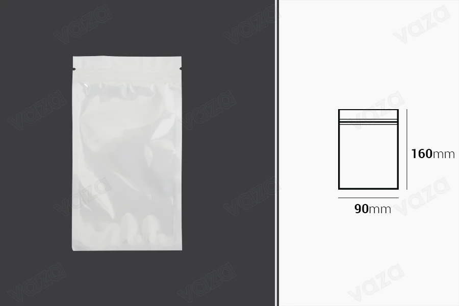 Sachets en plastique 90 x 160 mm avec fermeture éclair, dos blanc et face transparente - 100 pcs Sachets en plastique 90 x 160 mm avec fermeture éclair, dos blanc et face transparente - 100 pcs-photo_dimensions