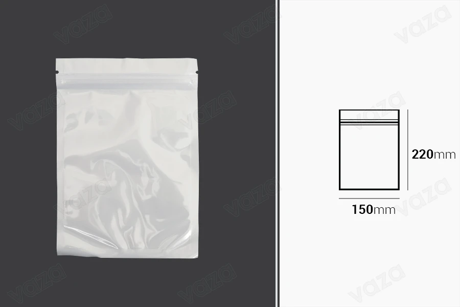 Qese plastike 150x220 mm me mbyllje zip, pjesën e pasme të bardhë dhe pjesën e përparme transparente - 100 copë Qese plastike 150x220 mm me mbyllje zip, pjesën e pasme të bardhë dhe pjesën e përparme transparente - 100 copë -imazh_dimensione
