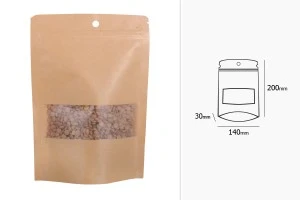 Standbodenbeutel aus Kraftpapier mit Druckverschluss, Sichtfenster, verschließbar durch Schweißgerät 140x30x200mm - 100 Stücke-5