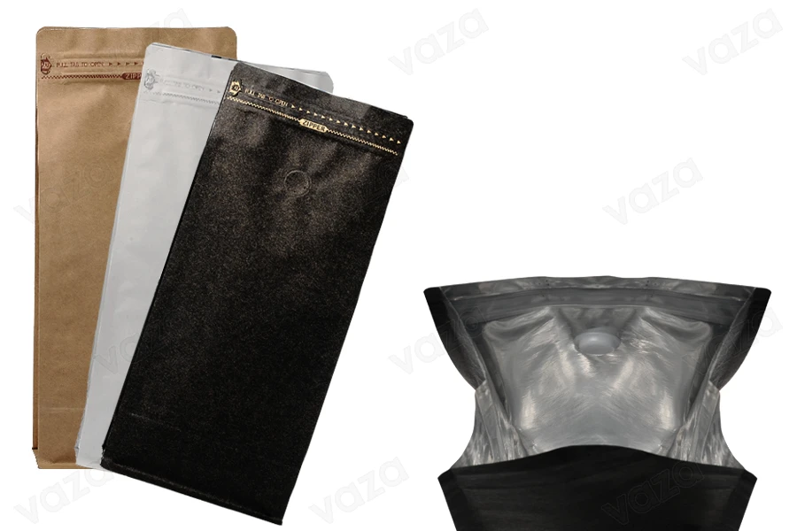 Σακουλάκια αλουμινίου τύπου Doy Pack με βαλβίδα, εξωτερική χάρτινη επένδυση κραφτ, κλείσιμο με θερμοκόλληση, άνοιγμα με ταινία ασφαλείας και χρήση του zipper, ιδανικά για σκόνη καφέ 145x100x335 mm - 25 τμχ-εικόνα_προϊοντική
