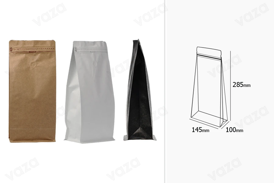 Σακουλάκια αλουμινίου τύπου Doy Pack με βαλβίδα, εξωτερική χάρτινη επένδυση κραφτ, κλείσιμο με θερμοκόλληση, άνοιγμα με ταινία ασφαλείας και χρήση του zipper, ιδανικά για σκόνη καφέ 145x100x335 mm - 25 τμχ-εικόνα_διαστάσεις