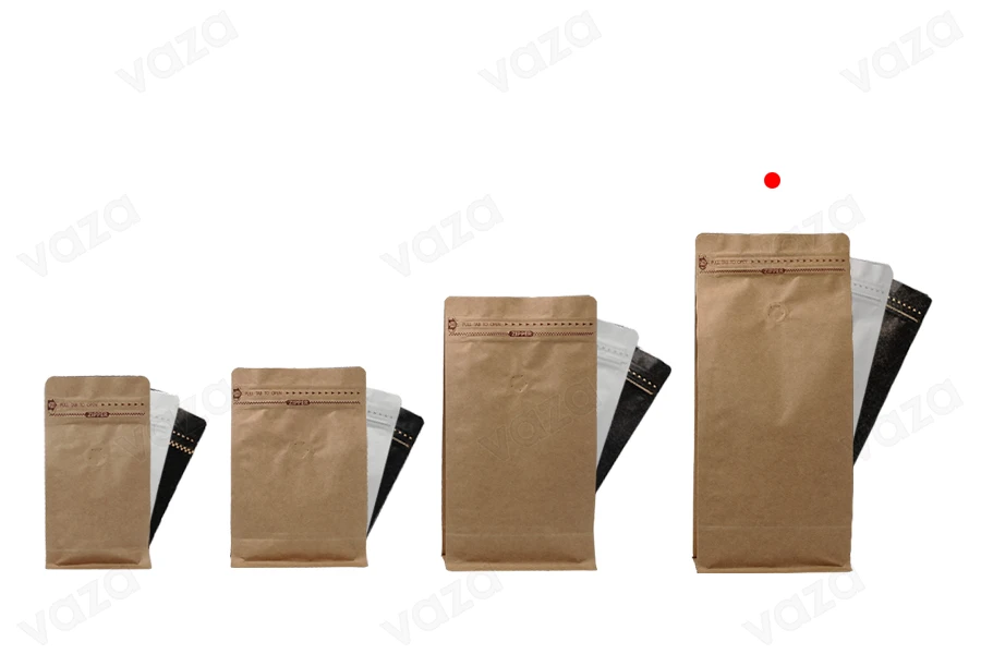 Σακουλάκια αλουμινίου τύπου Doy Pack με βαλβίδα, εξωτερική χάρτινη επένδυση κραφτ, κλείσιμο με θερμοκόλληση, άνοιγμα με ταινία ασφαλείας και χρήση του zipper, ιδανικά για σκόνη καφέ 145x100x335 mm - 25 τμχ-εικόνα_σύνθεση