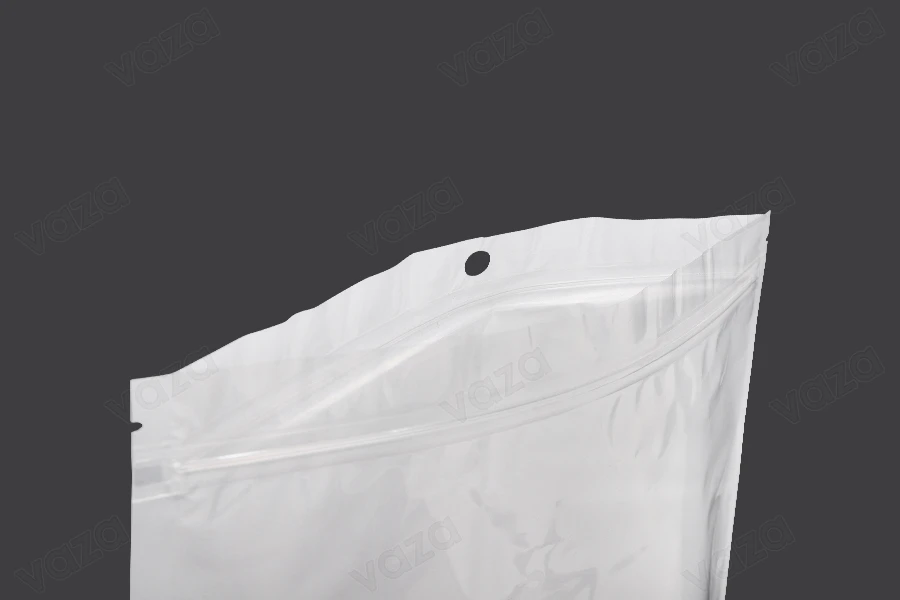 Σακουλάκια πλαστικά με κλείσιμο zip 260x340 mm, λευκή πίσω όψη  και διάφανο μπροστά, με τρύπα και δυνατότητα σφράγισης με θερμοκόλληση - 100 τμχ-εικόνα_σύνθεση